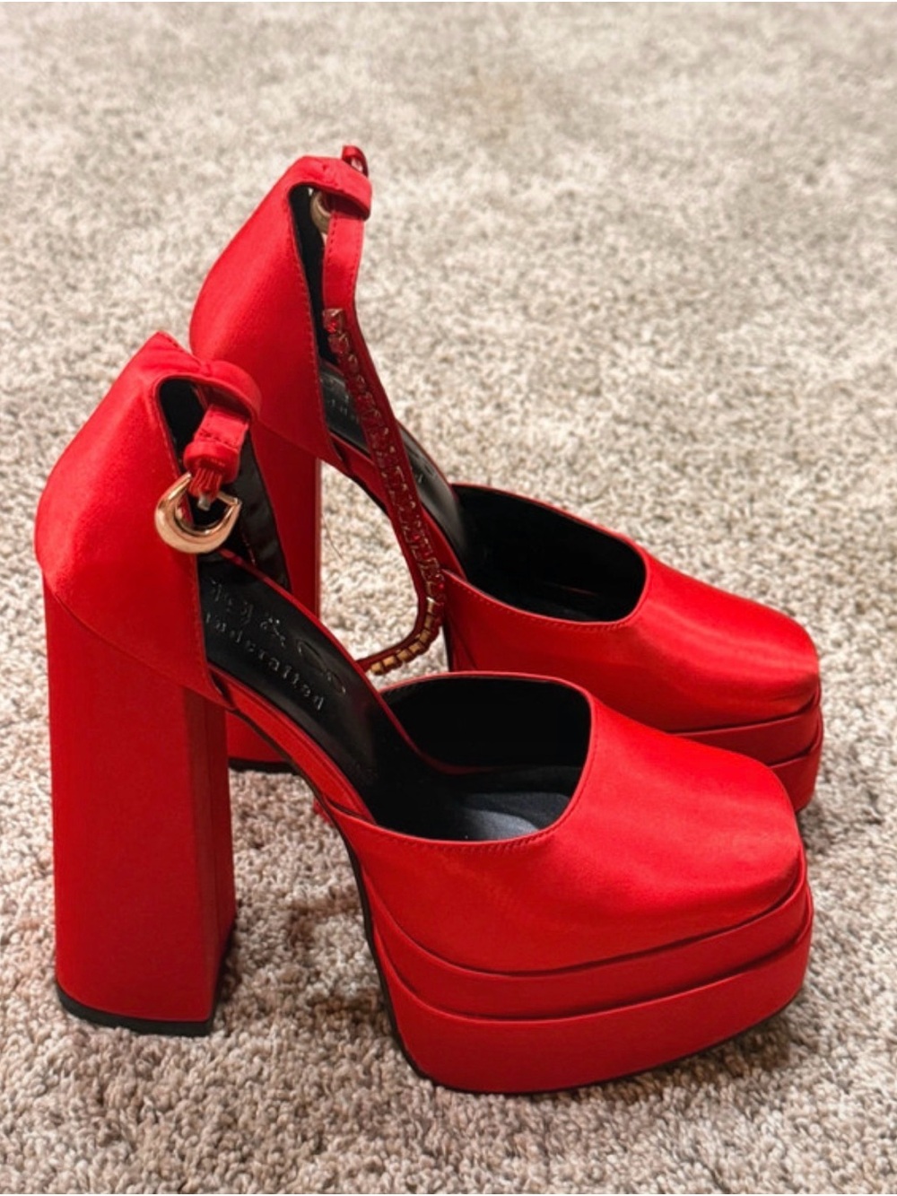 Rag & Co Red Platform Block Heels with Ankle Strap and Ring Accent